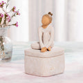 Willow Tree The Dancer Keepsake Box, 3.0"w x 3.25”d hand-painted resin box with 2.25”h figure of seated dancer in cream leotard affixed to lid