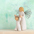 Willow Tree Guardian Angel, 5”h hand-painted resin figure in cream dress and wire wings, holding hands of toddler in cream onesie walking ahead, in front of a green painting