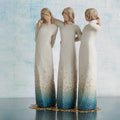 Willow Tree By my side, 9.5" hand-painted resin sculpture of 3 women standing, arms around each other, all in cream and blue ombré dresses with gold-leaf dots, on gold-leaf metal base, in front of pale blue painting