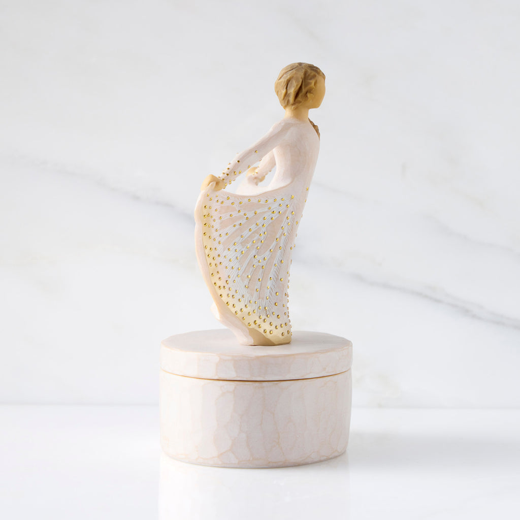 Right view: oval resin box, with profile of 3-D figure in cream and gold carved dress