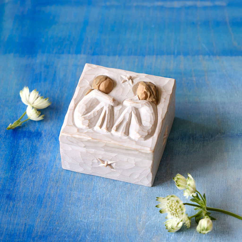 Willow Tree Friendship Keepsake Box, 3”sq x 2”h hand-painted resin box with removable lid. Lid has bas-relief carving of two seated figures in cream dresses, facing each other